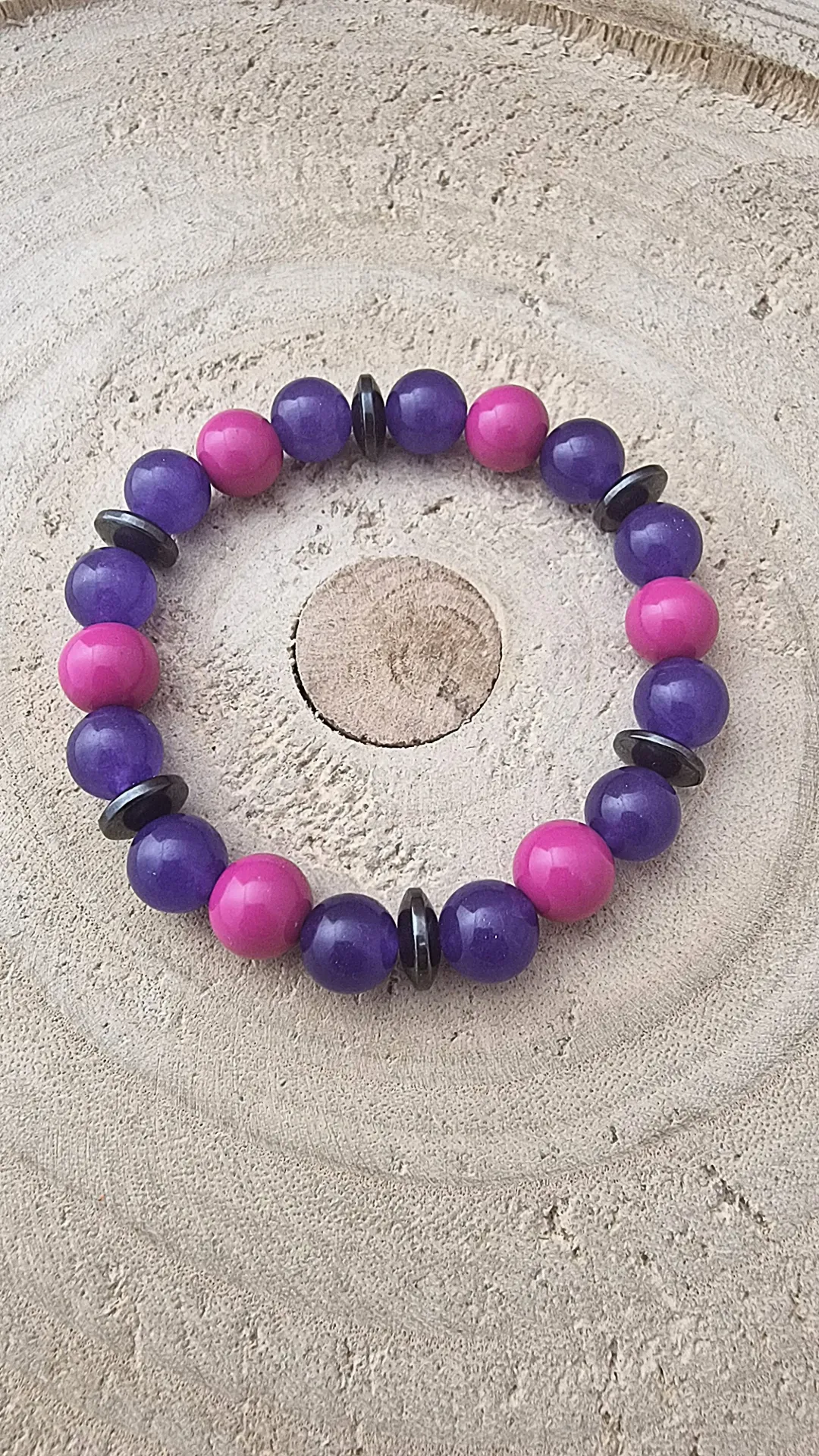 [B10001] 💜 Bransoletka z jadeitem, szkłem i hematytem – fuksja & fiolet