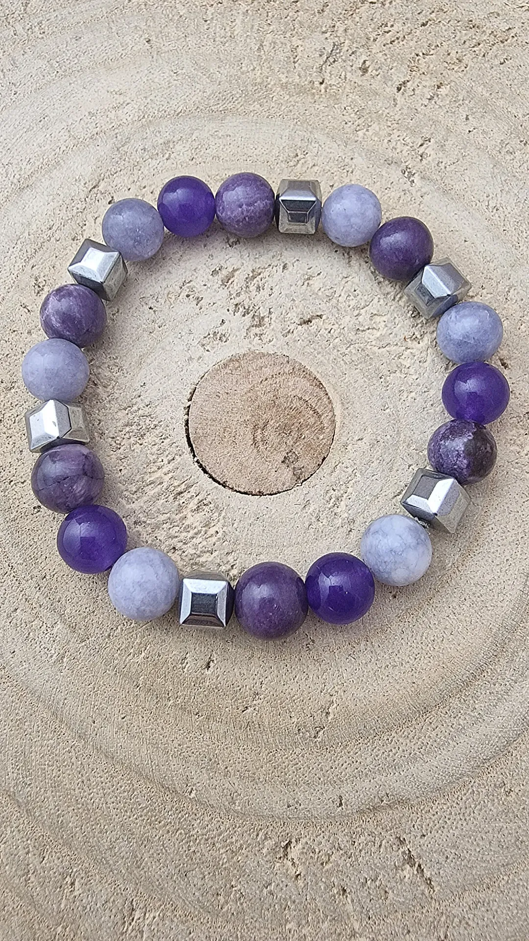 [B10007] 💜 Bransoletka z jadeitem, marmurkiem i hematytem – odcienie fioletu & szarości