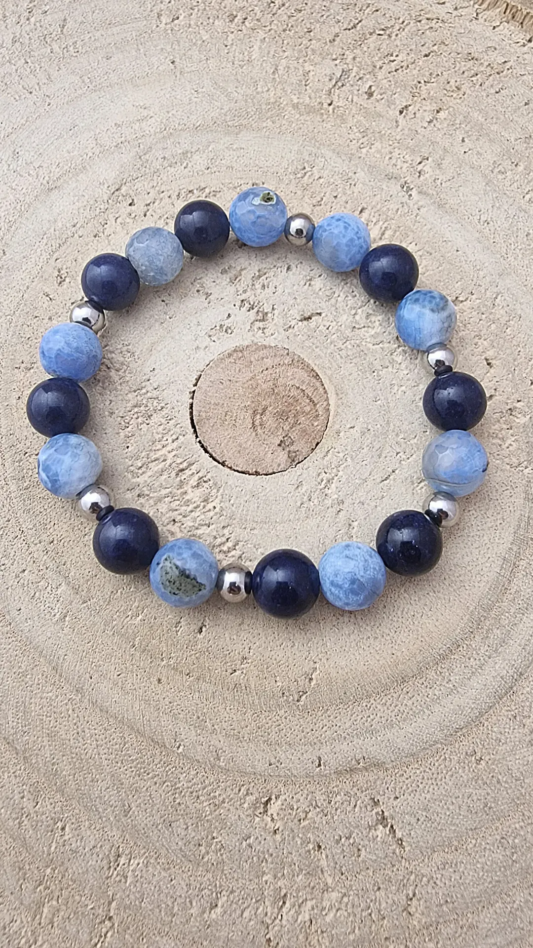 [B10010] 💙 Bransoletka z agatem, jadeitem i stalą – błękit & granat