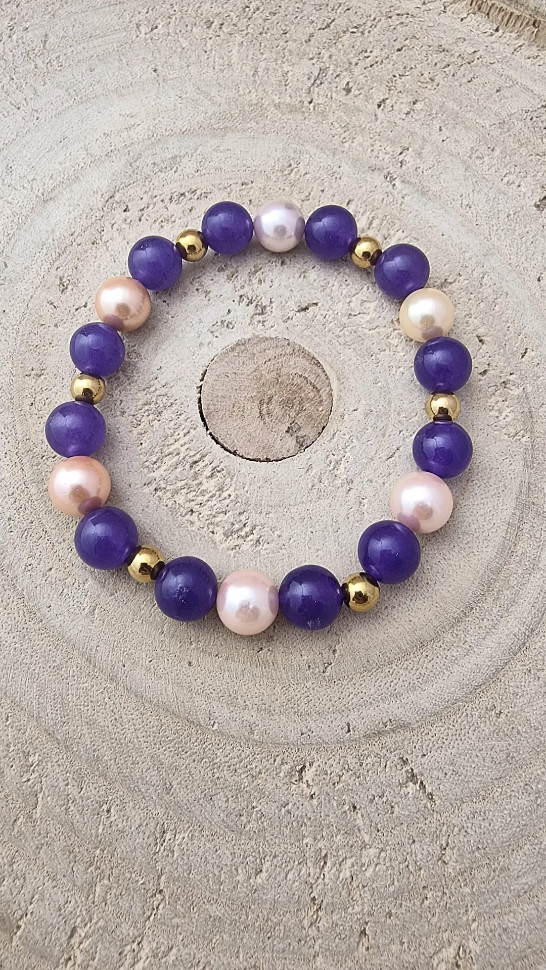 [B10013] 💜 Bransoletka z jadeitem, perłami seashell i stalą – fiolet & pastelowe kolory