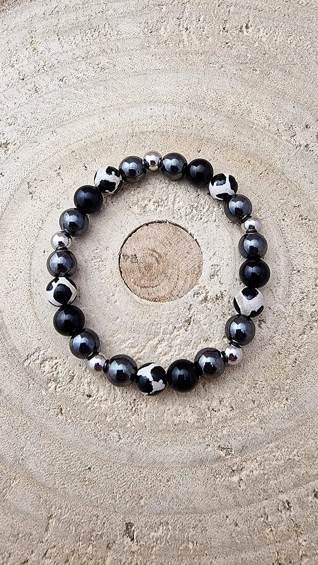 🖤 Bransoletka z agatem tybetańskim, onyksem i hematytem – moc & ochrona